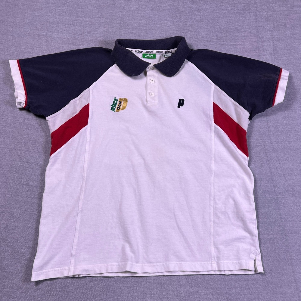 Vintage Prince Team Tennis Polo Shirt Mens Medium White Blue Cotton Hong Kong